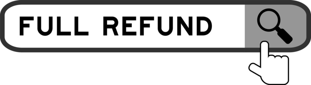 Search banner in word full refund with hand over magnifier icon on white background