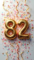 Fototapeta premium Golden number balloons for eighty-second birthday celebration. Confetti and ribbons scatter on white surface. Festive occasion decor for party milestone.