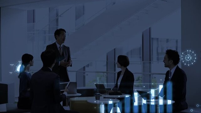 A business scene featuring a male executive and his subordinate using big data from AI, DX, and IT for sales and presentations&mdash;a promotional video showcasing digital technology marketing