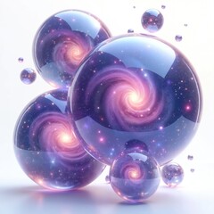 Fototapeta premium Abstract colorful cosmic nebulae captured inside transparent spheres. Swirling galaxies and stars glow with purple and pink light. Various size bubbles float in a white space.