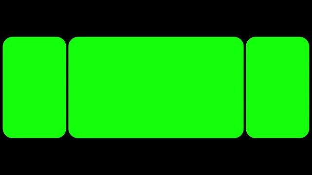 Triple Green Screen Mockup with Rounded Corners on Black Background: 3-Panel Triptych Display for Video Compositing