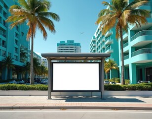 Naklejka na ściany i meble Blank horizontal ad poster at Miami beach bus stop. Modern turquoise buildings and palm trees line city street. Space for text overlay and marketing.