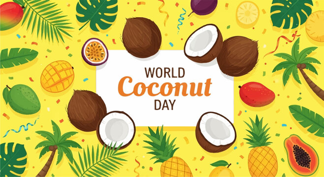Vibrant world coconut day illustration with tropical fruits and leaves on bright yellow background