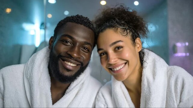 A happy young couple spends time together and relaxes at a luxurious hotel spa. The concept includes a sauna date, relaxing together, and beauty treatments