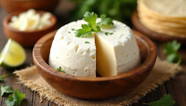 Fresh white cheese wedge served in wooden bowl with lime and cilantro. Queso blanco ready for meal prep with tortillas in background. Healthy dairy ingredient for cooking.