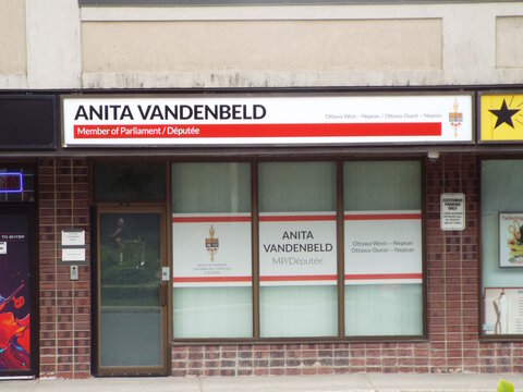Ottawa, Ontario, Canada-July 23, 2025: The constituency office of Member of Parliament "Anita Vandenbeld" for Ottawa West-Nepean features official House of Commons government signage at 1315 Richmond 