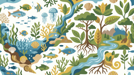 Obraz premium Nature Inspired Seamless Pattern of Interconnected Marine and Forest