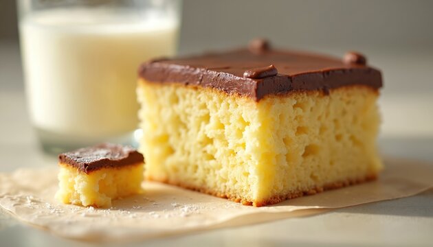 Slice of yellow sheet cake with chocolate icing next to a glass of milk. Simple dessert made with flour sugar eggs and chocolate. Perfect for home baking and country kitchen themes.