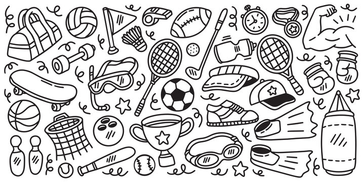 Set of hand drawn sports element doodle vector illustration