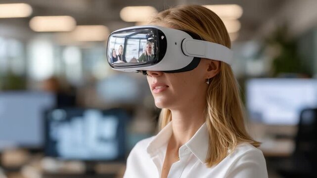 Immersive Experience: A focused woman, wearing a sleek virtual reality headset, is completely immersed in a digital world, suggesting innovation and technological advancement.