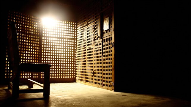 kneeler. The interior of an empty confessional booth with soft light entering through a wooden lattice. event programs, museum guides, designed for cultural heritage projects and event programs.