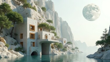 Fototapeta premium Futuristic concrete complex built into white rocky cliff face beside calm water. Minimalist architecture with geometric shapes and arched openings. Large moon hangs in hazy sky.