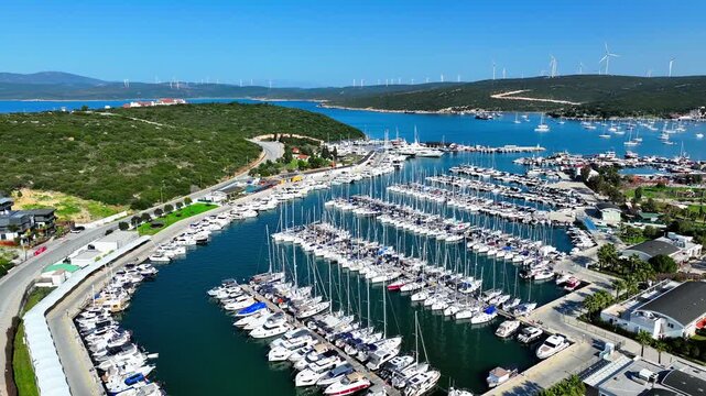 Aerial Drone View of Teos Marina and Sigacik Coastal Town in Izmir, Turkey &ndash; Aegean Sea Harbor and Scenic Village 4K
