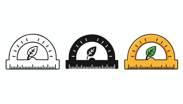 Three colored illustration protractors with leaf on white background