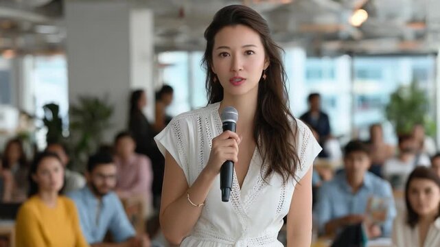 Leading the Discourse: An articulate female speaker engages an attentive audience, addressing them with passion and clarity in a dynamic setting.
