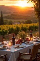 Naklejka premium Table set for romantic dinner in tuscan vineyard at sunset. Grapes fruits and candles adorn table with wine. Italian countryside hills backdrop. Scenic outdoor dining experience.