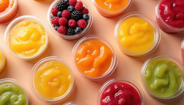 Several small plastic cups hold colorful fruit purees. Berries top one cup. Containers sit on light peach surface in grid pattern. Food portions for babies or diets.