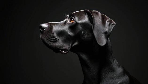 Black Great Dane profile, dark background. Noble dog shows head and eye detail. Purebred canine with glossy fur, attentive gaze. Large breed pet poses elegantly.