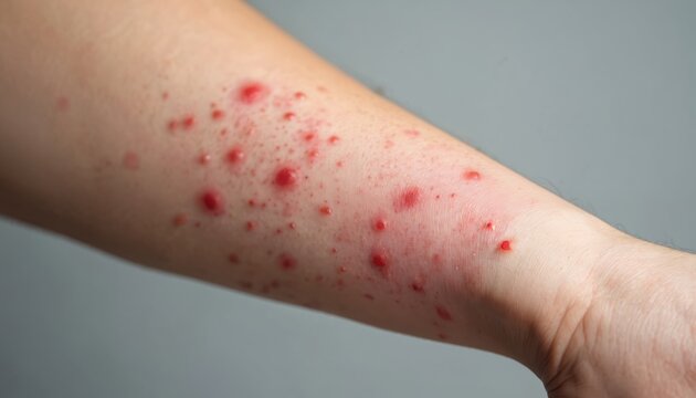 Red petechiae spots cover arm skin. Small flat lesions indicate potential dengue fever symptom. Close-up view of inflamed human epidermis condition.
