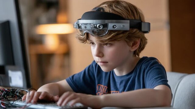 Young boy testing VR equipment: A young boy, absorbed in the present moment, tests innovative VR equipment, a testament to the future of technology and human-computer interaction. 