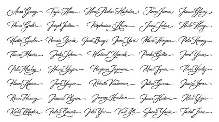 Naklejka premium Collection of luxury handwritten signature sheets in elegant cursive script on white background for branding and design