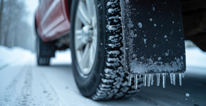 Close view of truck mudflap with icicles and snow on tire. Car drives on wintry road, covered with frost and ice. Low angle shot shows detail of vehicle in cold weather.