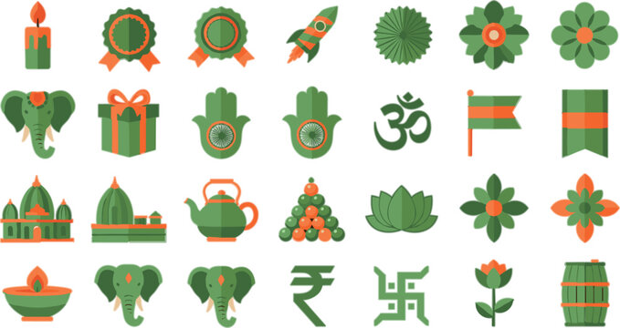 Indian cultural symbols set with diya elephant om rupee lotus rocket and decorative elements festive traditional vector illustration