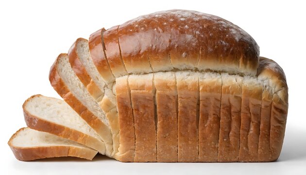 Pre-sliced white bread loaf with soft fluffy texture and golden crust isolated on clean white background bakery concept