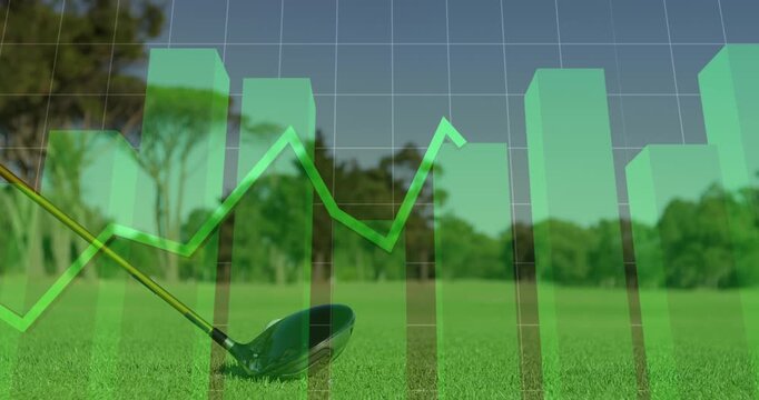 Animation of statistical data processing over mid section of a man playing golf at golf course
