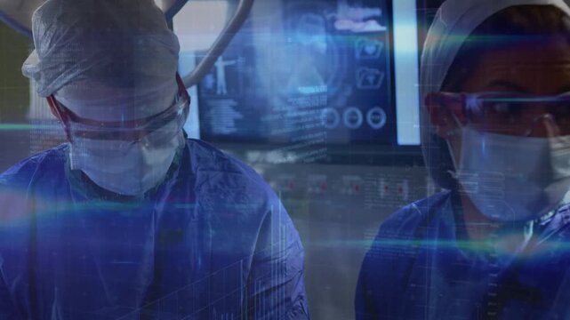 Animation of data processing over caucasian doctors during surgery