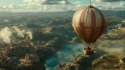 Fototapeta premium Colorful hot air balloon floats over vast landscape with lakes and mountainous terrain under blue sky