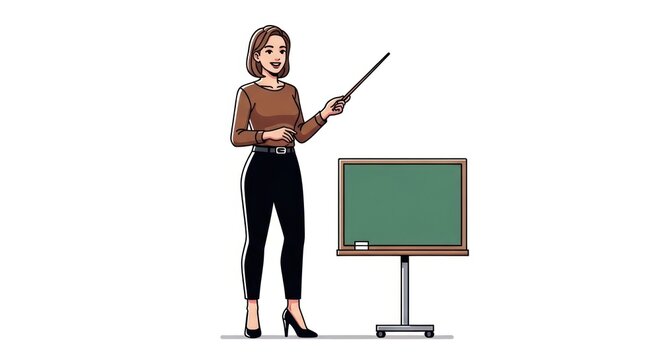 Woman Standing Near Green Blackboard Illustration.