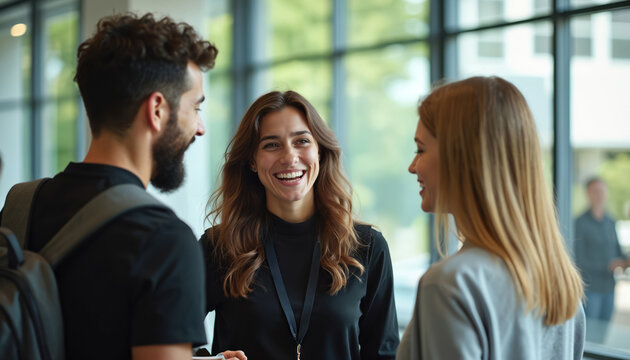 Three smiling young people, one man and two women, in a modern office lobby. They appear engaged in a friendly, informal discussion, possibly colleagues or students meeting.