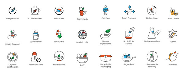 Fototapeta premium Comprehensive 24-piece food packaging and dietary requirement vector line icon bundle, featuring organic, gluten-free, allergen-free, and fair trade badges.