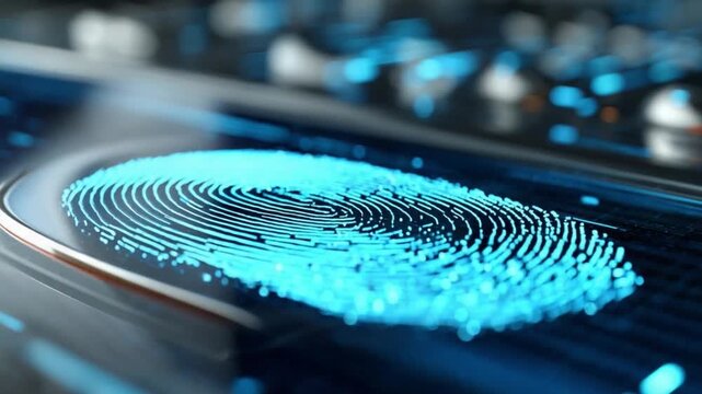 Fingerprint Scan Technology: Capturing the intricacies of fingerprint scanning technology, a luminescent fingerprint glows, highlighting the digital realm of security and access.