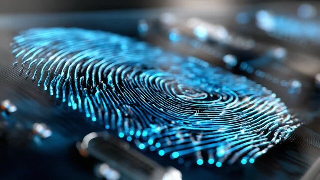 Digital Fingerprint: A close-up shot of a glowing digital fingerprint, with intricate patterns and glowing lines, symbolizing security, identification, and technology.