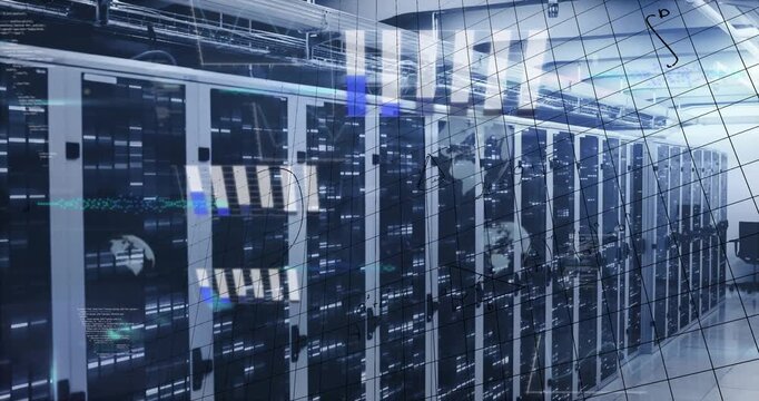 Animation of mathematical equations and data processing against empty computer server room