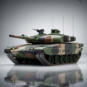 Armored Tank Vehicle in Green Camouflage with Gun Against White Background