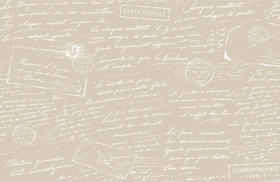Seamless beige pattern of abstract illegible handwritten text. Vintage grunge bad calligraphy script, old book document. Vector illustration of monochrome unreadable handwriting cursive poetry