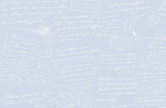 Seamless blue, pattern of abstract illegible handwritten text. Vintage grunge bad calligraphy script, old book document. Vector illustration of monochrome unreadable handwriting cursive poetry