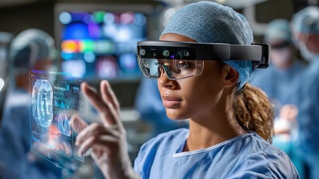 Surgeon's Tech Vision: A skilled surgeon in a modern operating room, donning futuristic augmented reality glasses to revolutionize medical procedures. 