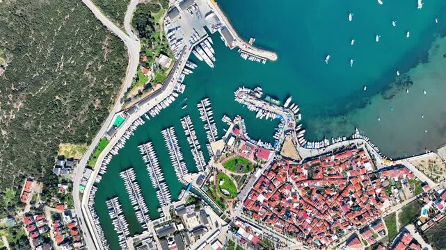 Aerial Drone View of Teos Marina and Sigacik Coastal Town in Izmir, Turkey &ndash; Aegean Sea Harbor and Scenic Village 4K
