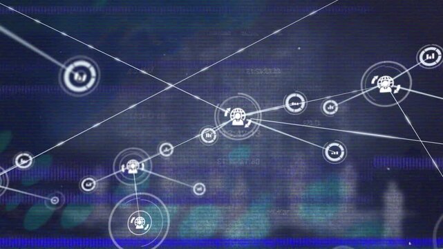 Animation of glitch effect over network of digital icons against data processing on blue background