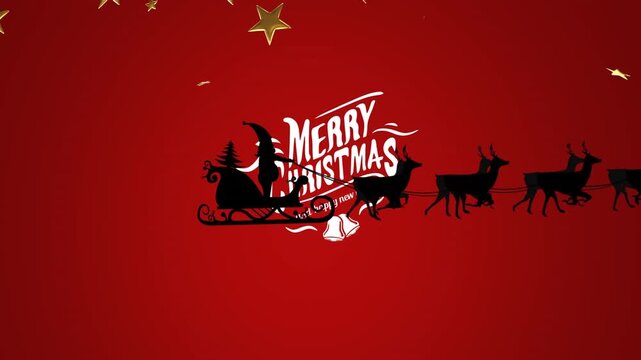 Animation of stars and santa claus in sleigh pulled by reindeers over merry christmas text banner