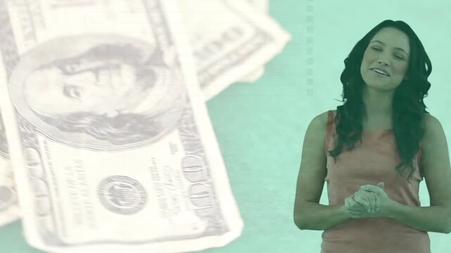 Animation of woman talking over dollar spinning against green background
