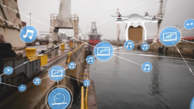 Animation of drone with cardboard box and network of connections with icons over port