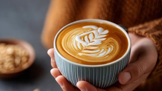Coffee Art in Hand: A close-up shot of a hand gracefully cradling a cup of artfully crafted latte, revealing intricate patterns on its creamy surface.
