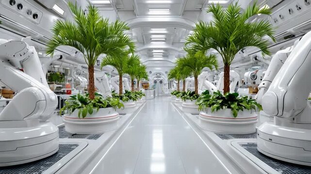 Futuristic Green Oasis: Palm trees thrive in a sleek, modern, high-tech industrial environment, merging nature with innovation and artificial technology, the robots doing all work in factory. 