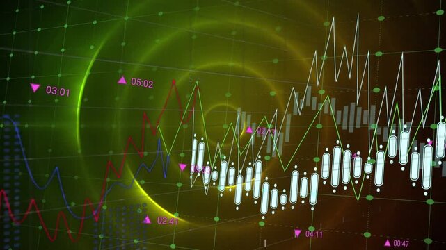 Animation of graphs and numbers with grid pattern moving over illuminated circular pattern