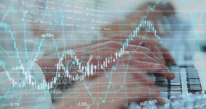 Animation of trading board and graphs over diverse cropped hands typing on keyboard in office